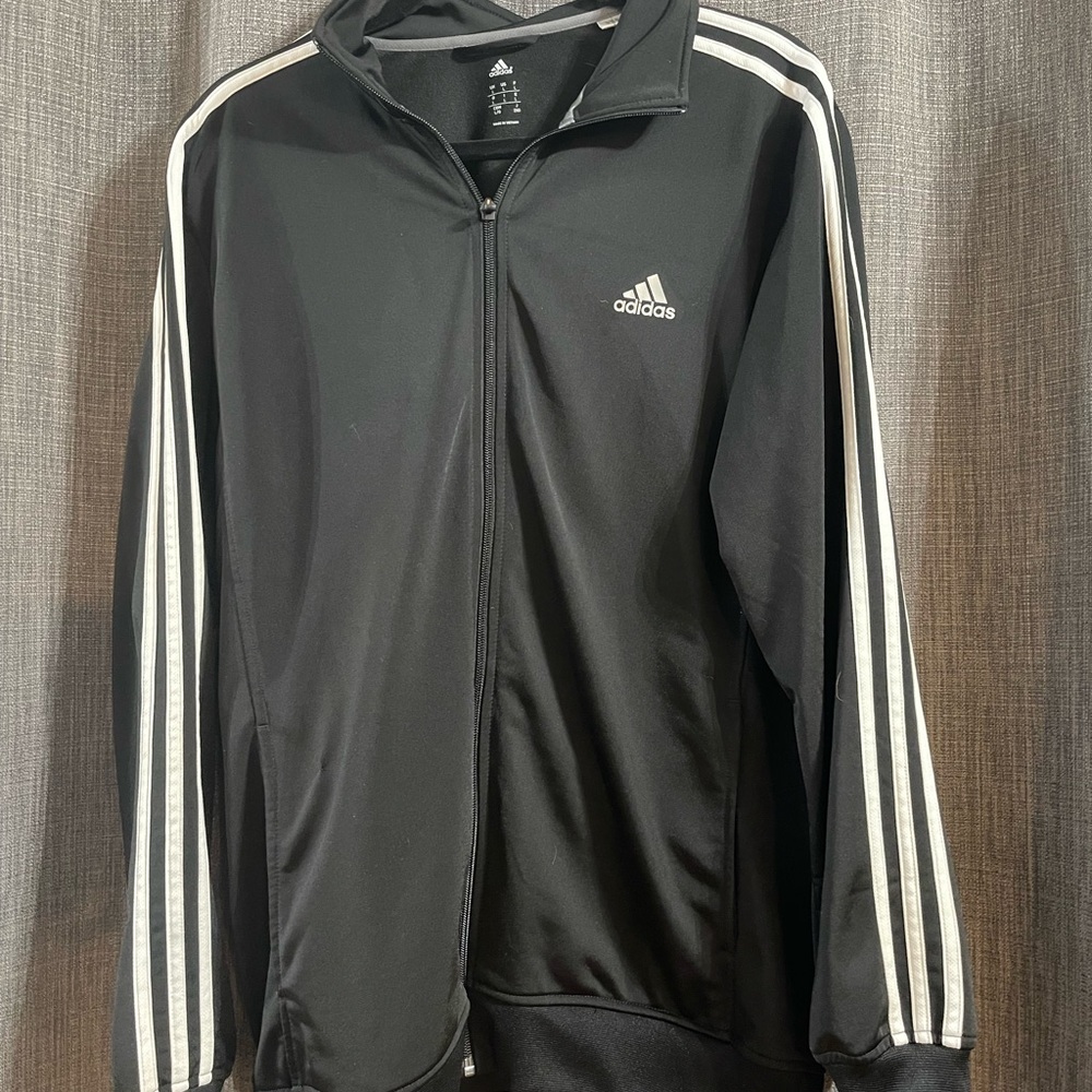 Adidas Men's Black Track Jacket with White Stripes